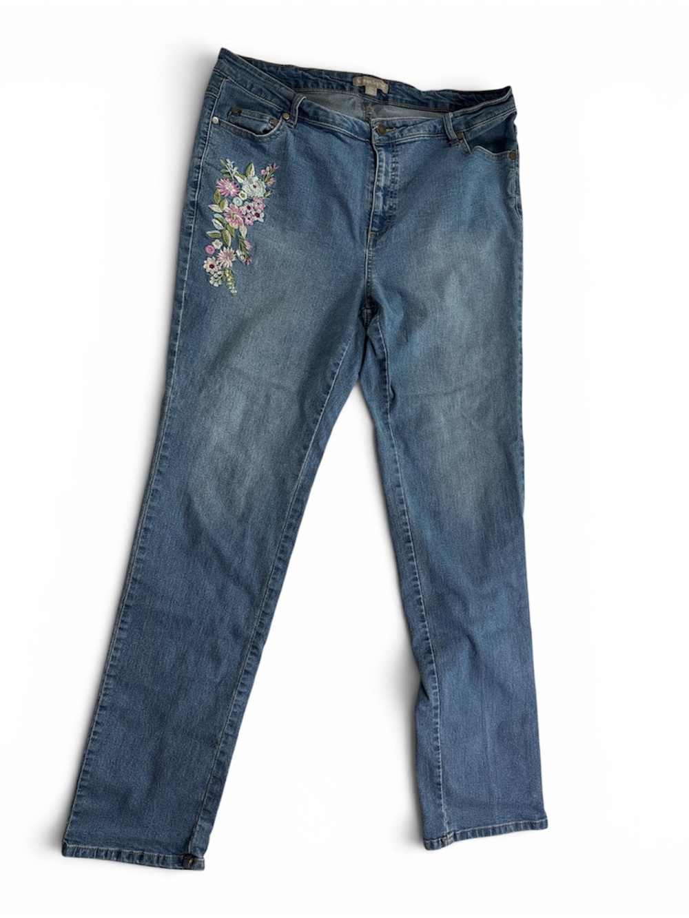 Woman Within Floral Embroidered Jeans 16W TALL High Rise Boho Straight Leg